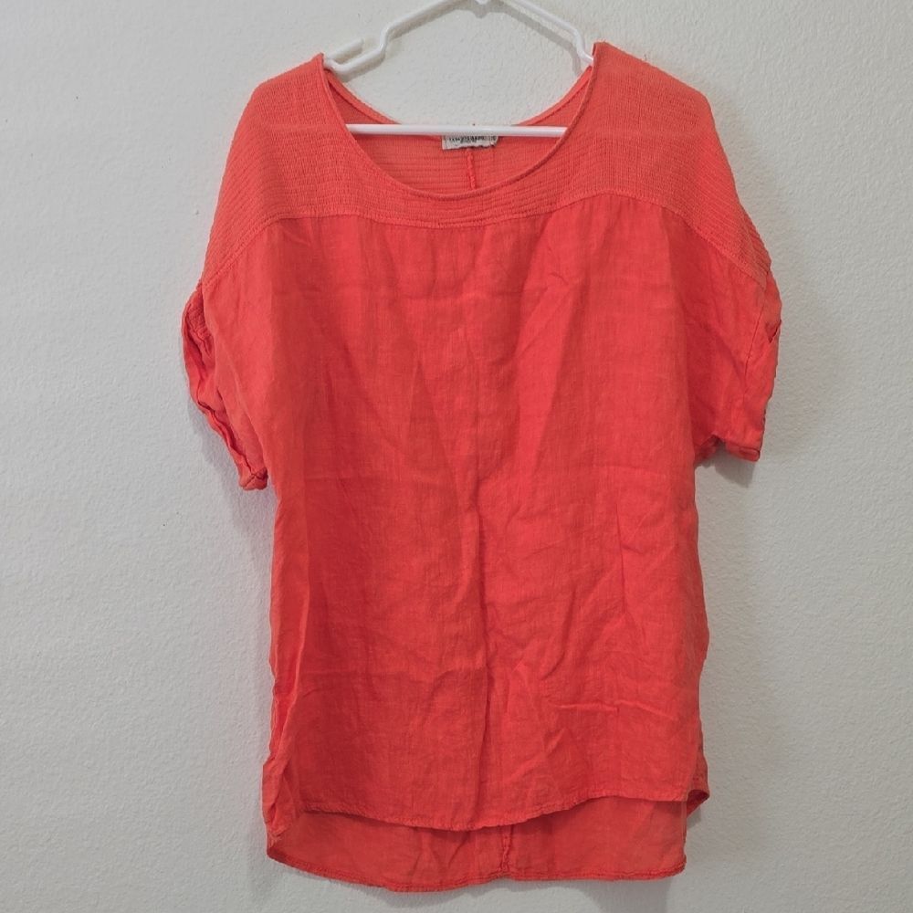 LUNGO L'ARNO Vibrant Orange Linen Blouse 1X